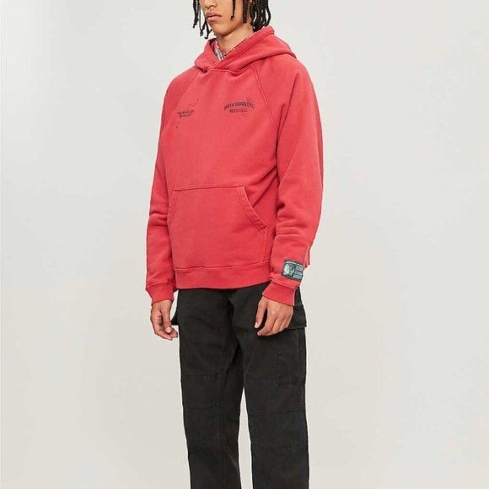 NEW REESE COOPER HITCHHIKING RED GRAPHIC JERSEY RAGLAN HOODIE SZ MEDIUM
